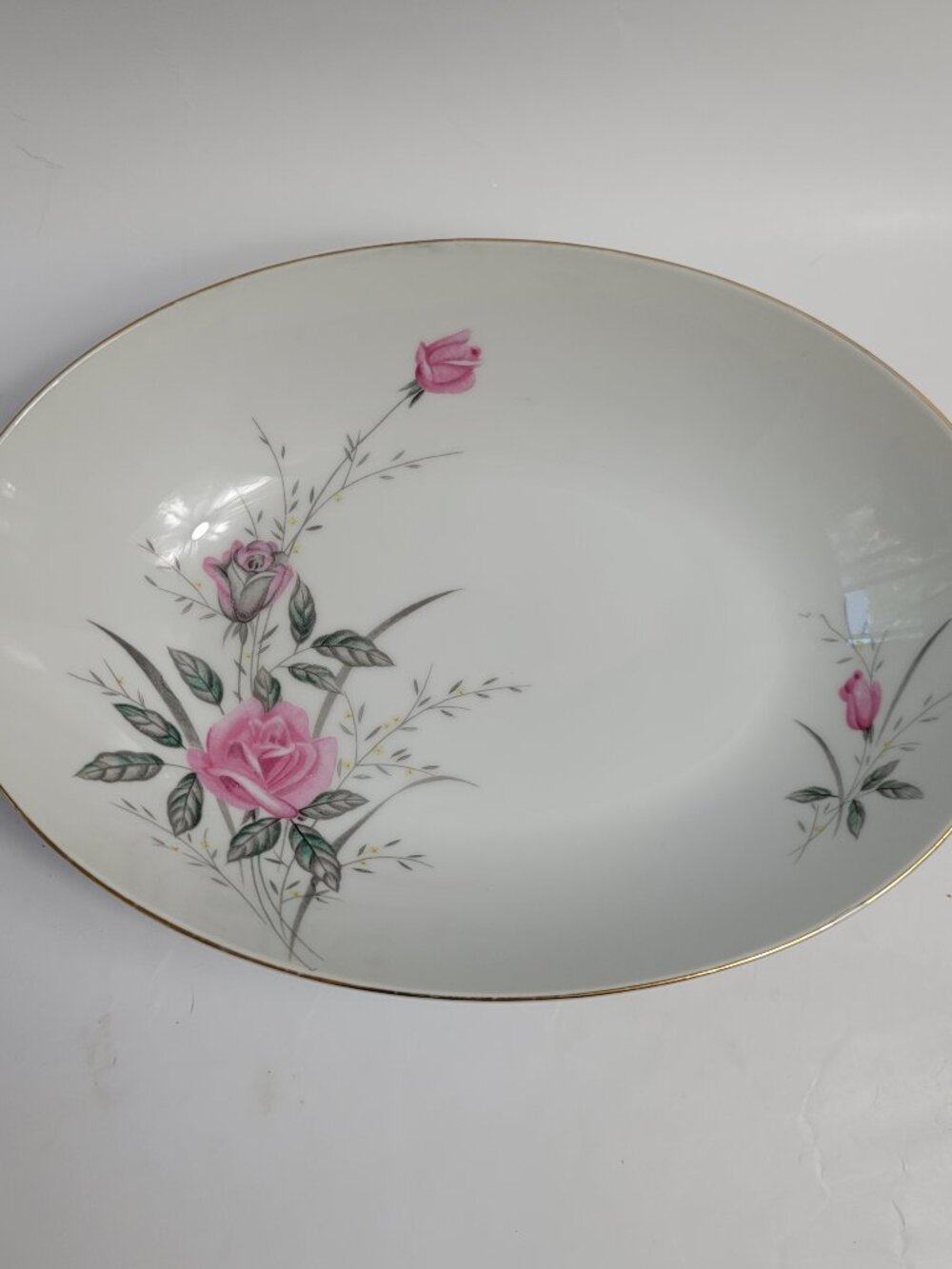 Fine China of Japan Golden Rose Oval Serving Bowl Pink Roses Gray Leaves